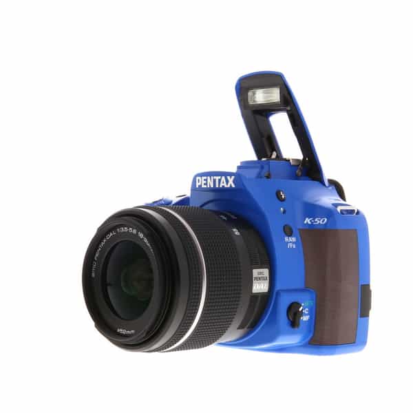 Pentax K-50 DSLR Camera, Blue with Brown Grips {16.3MP} with 18-55mm  f/3.5-5.6 DAL AL WR, Black {52} at KEH Camera