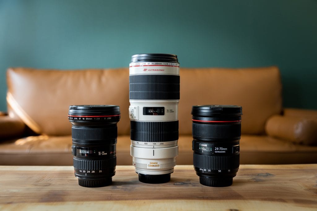 - Expert Advice Three lenses for wildlife photography on a wood table with a couch in the background
