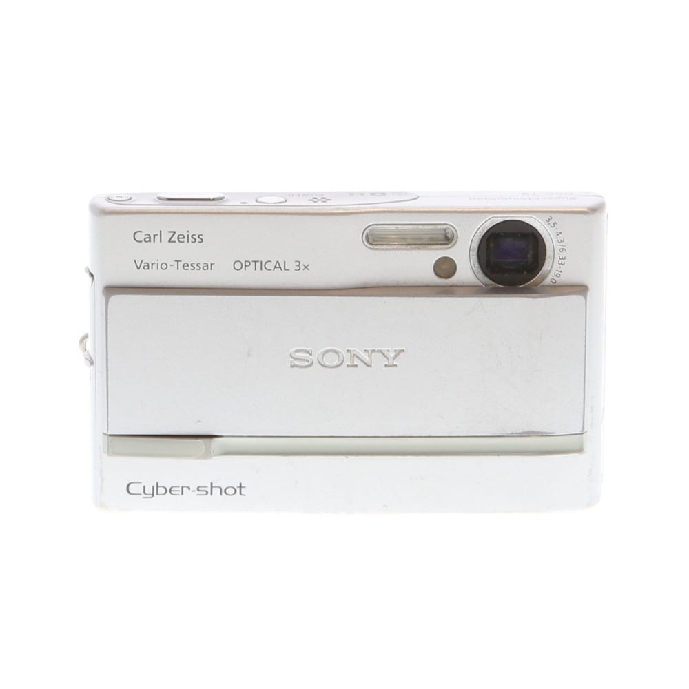 Sony Cyber-shot silver compact digital camera with Carl Zeiss Vario-Tessar 3x optical zoom lens.