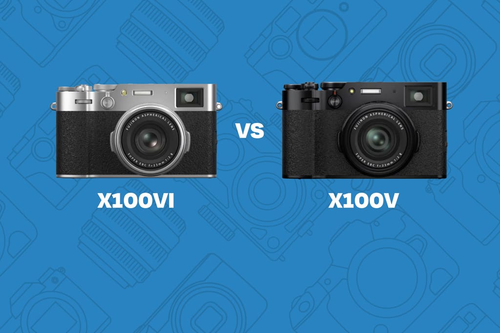 Comparison graphic showing the Fujifilm X100VI camera in silver and black on the left labeled 'X100VI', versus the Fujifilm X100V camera in all black on the right labeled 'X100V', separated by a 'VS' on a blue background with a subtle camera-icon pattern.